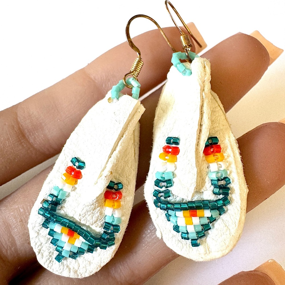 Navajo Moccasin Earrings Turquoise Native Amer Handmade Shoe Suede Mini Beaded W